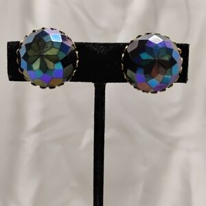 VTG Vogue runway ear clips in Navy Aurora Borealis and Goldtone